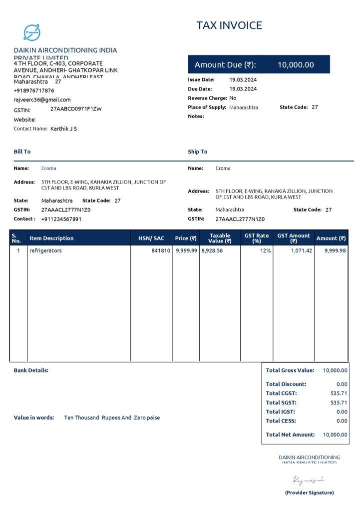 What is the Standard Format for a Tax Invoice?