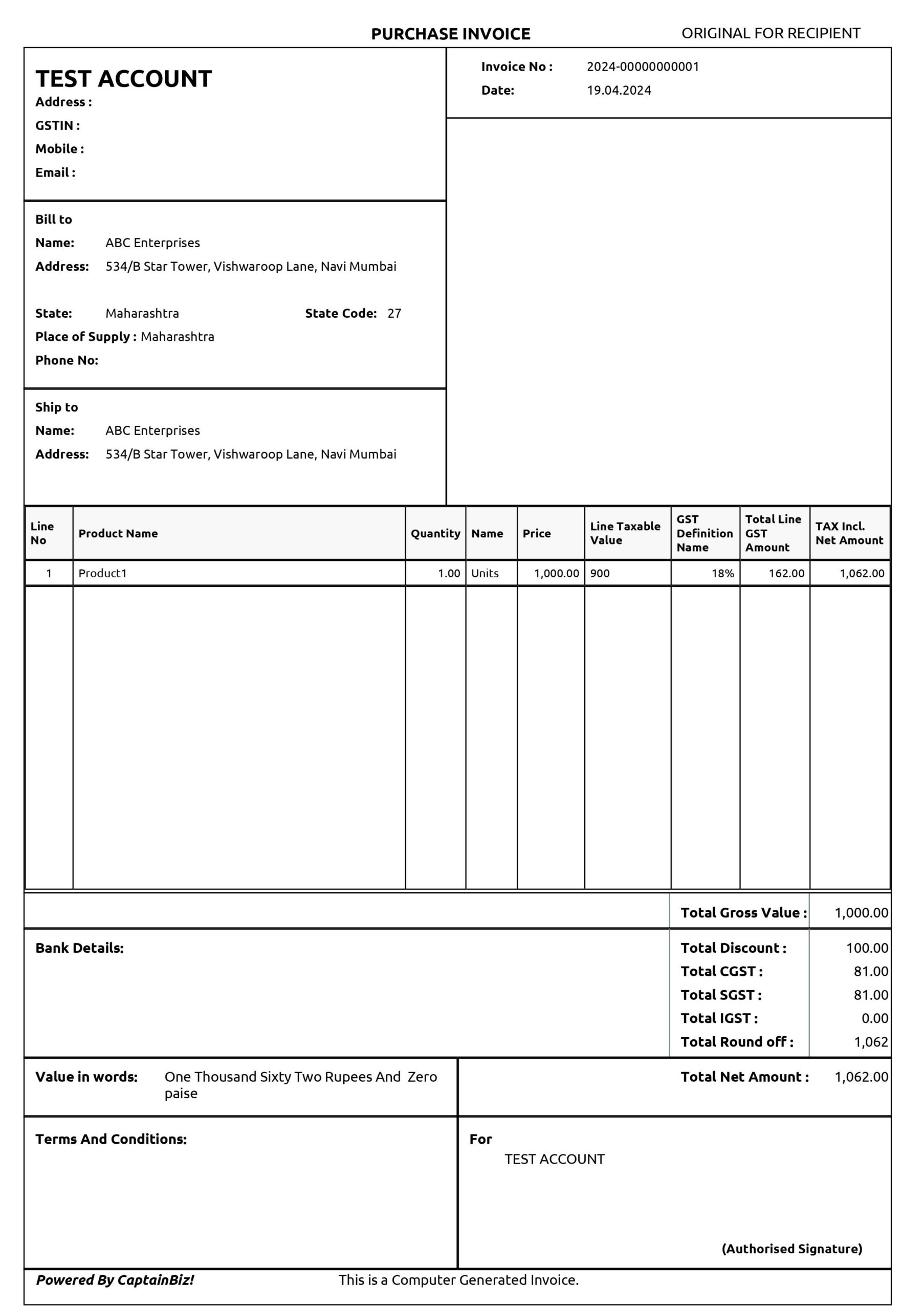 Purchase Invoice Format